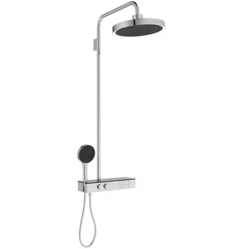 Moderne Chrom-Duscharmatur mit overhead Regenbrause und Handbrause, ausgestattet mit einem Bedienpanel für Temperatur- und Strahlarten.